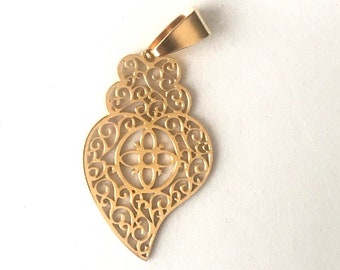 Filigree pendant stainless steel gold, portuguese 3.1 cm charm heart supplies, heart of Viana, Portugal stainless steel charm for necklace