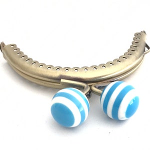 Metal purse frame with sewing holes 8,50 cm bronze supplies purse clasp, coin purse frame, white and blue ball decoration, cute coin purse image 1