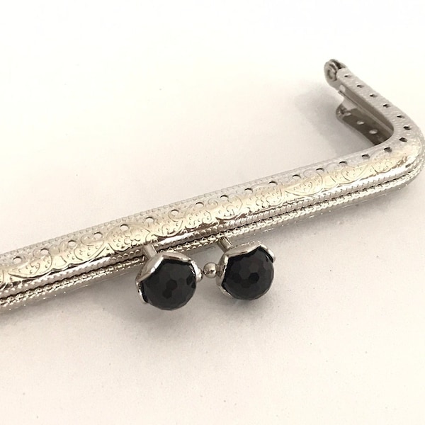 silver metal purse frame sewing holes 12.5 cm 12,5 cm, square clasps, black glassy pearl decoration, grandma's purse frame, wallet frame