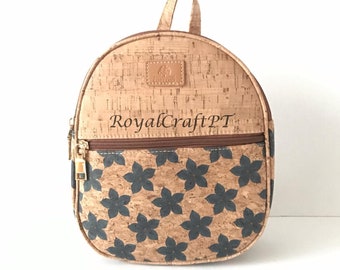 Cork backpack for women, cork bag, vegan bag, natural materials, eco bag, leather bag, scholl bag, cork back bag, blue flower pattern