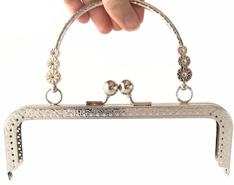 1 zilveren metalen portemonneeframe met naaigaten 18 cm, portemonneeframe met metalen handvat, bloemdecoratie, portemonneesluitingen voor handtas