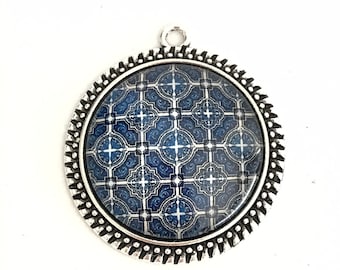 Glass tile pendant, azulejo, portuguese tile like pendants, talavera jewelry, geometric supplies, Blue and white pendant, Lisbon, Portugal
