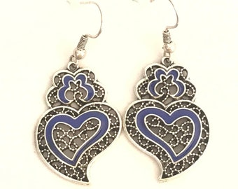 1 Pair of Portuguese filigree earrings, blue decoration silver earrings 3.0 cm, blue flower earrings, Viana's Heart earrings, Portugal