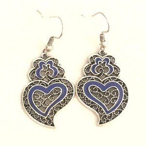 1 Pair of Portuguese filigree earrings, blue decoration silver earrings 3.0 cm, blue flower earrings, Viana's Heart earrings, Portugal image 1
