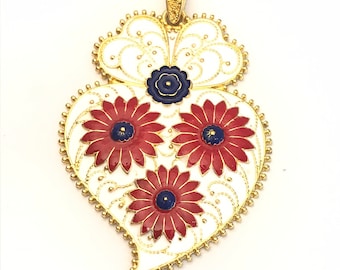 Filigree pendant in white, blue and red, portuguese pendant 7.7 cm, viana's heart, heart of viana, Portugal, portuguese necklace, Filigrana