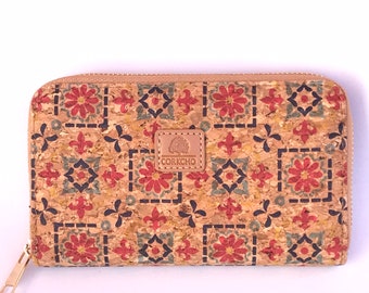 Cork wallet, vegan wallet, cork bag, womens eco-friendly wallet with place for cards and coins, tile art pattern, portuguese cork wallet