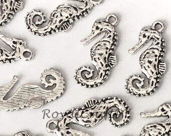 15x Sea horse seahorse charm, silver sea animal findings, 25mm beach charms, summer findings, double sided sea animal, marine life charm