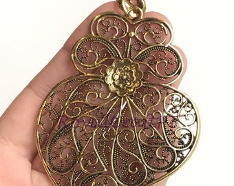 1x Filigree pendant bronze portuguese 7.7 cm charm heart flower findings supplies, portuguese jewelry, viana's heart, pendant from Portugal