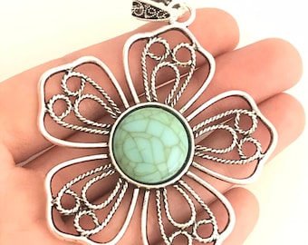 2 Flower pendants blue green antique silver tone F124