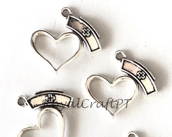 4x heart charms, silver 27mm nurse hat charm, medical charm, nurse jewelry, medicine charms, health charms, love a nurse charms for jewelry