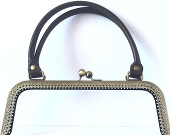 1 bronze metal purse frame with sewing holes 24 cm, supplies, purse frame with brown leather handle, big purse frame for handmade handbag