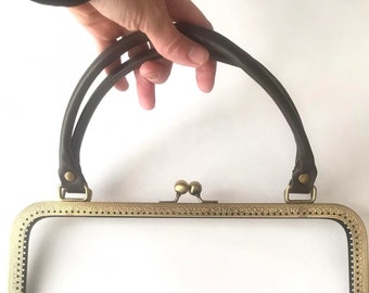 1 bronze metal purse frame with sewing holes 30 cm, supplies, purse frame with brown leather handle, big purse frame for handmade handbag