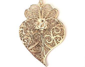Filigree pendant gold portuguese 7,9 cm charm heart flower findings supplies, filgree pendant, fligree pendant, viana's heart