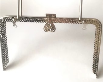 1 zilveren metalen portemonneeframe met naaigaten 21 cm, benodigdheden, muntenframe, groot portemonneeframe voor het maken van tas met handvat, groot portemonneeframe