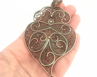 Filigree pendant bronze brass portuguese 8cm charm heart flower findings supplies, filgree pendant, fligree pendant