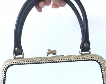 1 telaio per borsa in metallo bronzo con fori per cucire 24 cm, forniture, telaio per borsa con manico in pelle nera, telaio per borsa grande per borsa fatta a mano