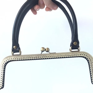 1 bronze metal purse frame with sewing holes 24 cm, supplies, purse frame with black leather handle, big purse frame for handmade handbag