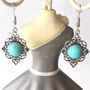 1 Pair of filigree earrings in silver color, turquoise stone, portuguese jewelry, traditional jewelry, round blue earrings, Portugal image 1