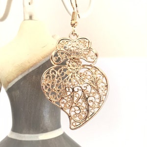 1 Paire de boucles d&#39;oreilles filigrane portugaises couleur or 4,2 cm Boucles d&#39;oreilles coeur Viana, bijoux traditionnels portugais, Portugal, bijoux filigrane