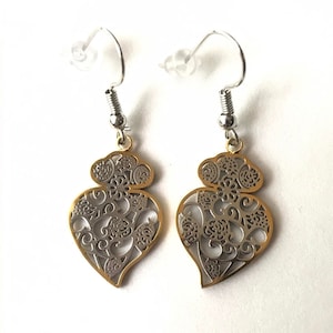 Viana&#39;s hearts Silver earrings, portuguese filigree earrings, traditional filigree Portugal heart of Viana, Love earrings stainless steel