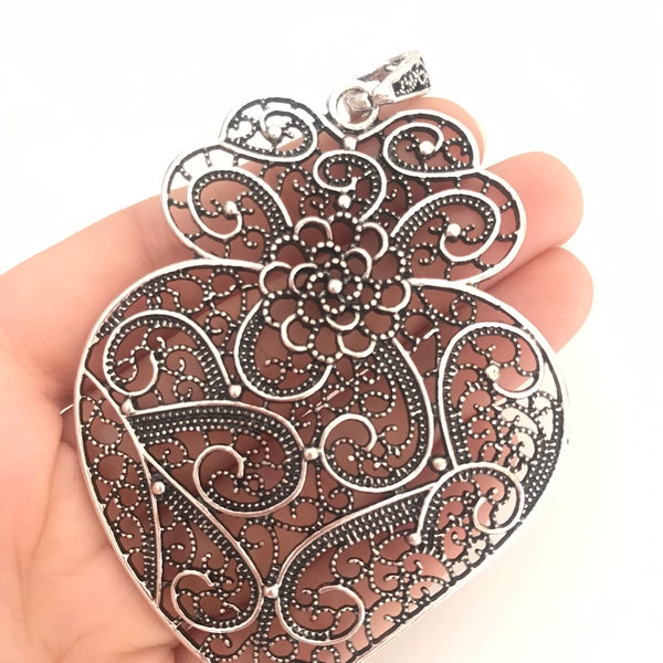 Filigree pendant silver 7,9 cm charm heart flower supplies, heart of viana, viana's heart, portuguese tradicional necklace Portugal