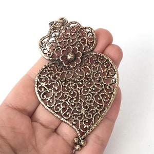 Filigraner Anhänger aus portugiesischem Messing aus Bronze, 8 cm, Charm, Vianas Herz, Herz von Viana, Portugal, traditioneller portugiesischer Schmuck, Halskette