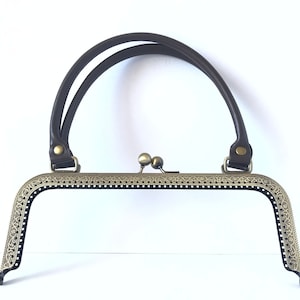 1 bronze metal purse frame with sewing holes 24 cm, supplies, purse frame with brown leather handle, big purse frame for handmade handbag