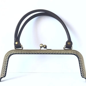 1 bronze metal purse frame with sewing holes 24 cm, supplies, purse frame with brown leather handle, big purse frame for handmade handbag