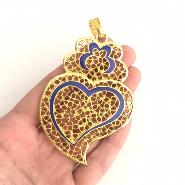 Pendentif en filigrane en or et bleu 7,8 cm, cœur de Viana, Portugal, bijoux traditionnels portugais, Filigrana, pendentif fleur pour collier