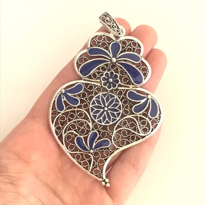 Colgante de filigrana en plata y azul 8,0 cm, corazón de Viana, Portugal, joyería tradicional portuguesa, Filigrana, colgante de corazón para collar