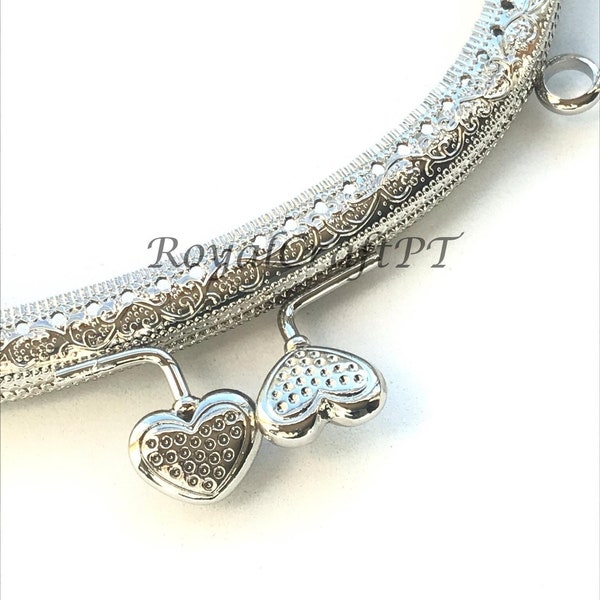 1 silver metal purse frame with sewing holes 16 cm, supplies, heart decoration, coin purse frame, frame for lady's purse