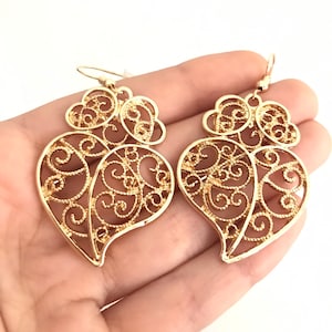 1 Pair of Portuguese filigree earrings gold 4.0 cm heart flower findings Viana Heart earrings, portuguese traditional jewellery, Portugal