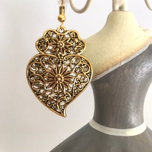 1 Pair of Portuguese filigree earrings bronze 3.8 cm charm heart flower findings Viana Heart earrings, portuguese traditional jewellery