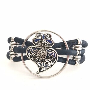 Filigree pendant bracelet, viana's heart, blue filigree bracelet, Portugal, heart of viana jewelry, blue flower bracelet, cork bracelet