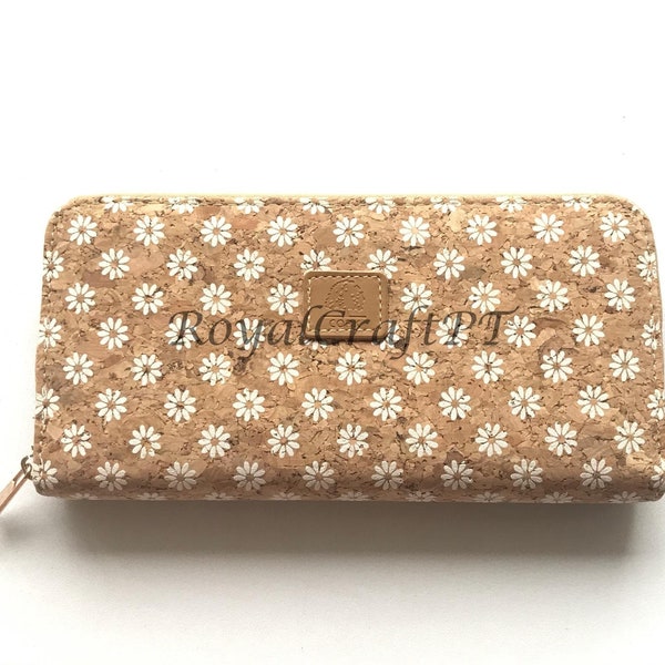 Cork wallet, vegan wallet, cork bag, womens eco-friendly wallet with place for cards and coins, daisy flower pattern, portuguese cork wallet