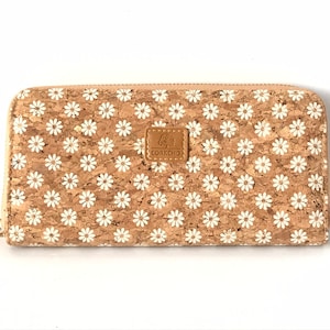 Cartera de corcho, cartera vegana, bolso de corcho, cartera ecológica de mujer con lugar para tarjetas y monedas, estampado de flores de margarita, cartera de corcho portuguesa