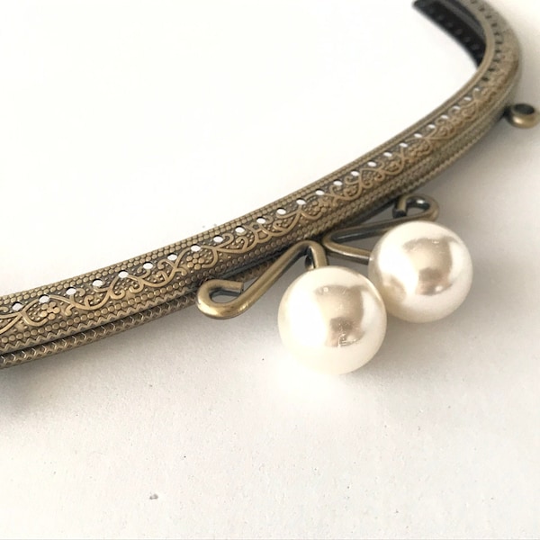 1 bronze metal purse frame with sewing holes 21 cm, supplies, coin purse frame, white pearl decoration, pearl purse clasps, premium purse
