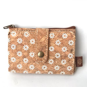 Portefeuille en liège, portefeuille vegan, sac en liège, portefeuille écologique pour femme avec emplacement pour cartes et pièces de monnaie, motif marguerites, porte-clés en liège