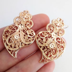 1 Pair of Portuguese filigree earrings gold 4 cm charm heart flower findings Viana Heart earrings traditional portuguese jewellery, Portugal image 1