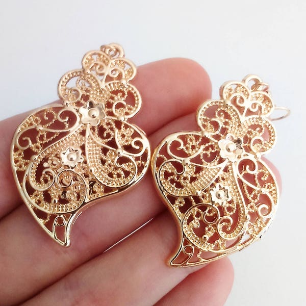 1 Pair of Portuguese filigree earrings gold 4 cm charm heart flower findings Viana Heart earrings traditional portuguese jewellery, Portugal