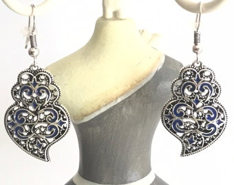 1 Pair of Portuguese filigree earrings, blue decoration silver earrings 3.0 cm, blue flower earrings, Viana's Heart earrings, Portugal