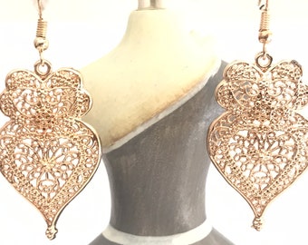 1 Pair of Portuguese filigree earrings gold 4.0 cm heart flower findings Viana Heart earrings, portuguese traditional jewellery Portugal
