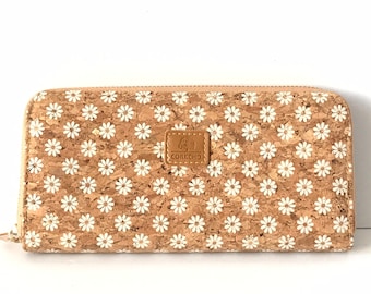 Cork wallet, vegan wallet, cork bag, womens eco-friendly wallet with place for cards and coins, daisy flower pattern, portuguese cork wallet