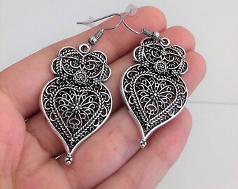 1 Pair of Portuguese filigree earrings silver 4.0 cm heart flower findings Viana Heart earrings, portuguese traditional jewellery Portugal