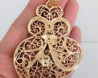 Filigree pendant gold portuguese 8,0 cm charm heart flower findings supplies, filgree pendant, fligree pendant, viana's heart