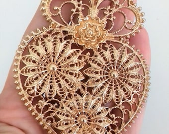 Filigree pendant gold portuguese 8 cm charm heart flower findings supplies, filgree pendant, fligree pendant, viana&#39;s heart for necklace