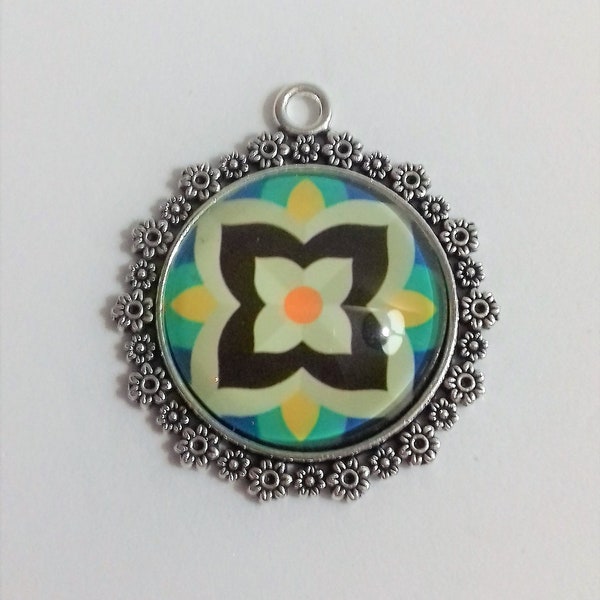 Glass tile pendant, mandala pendant talavera jewellery, paisley supplies, glass cabochon, paisley glass pendant, geometric pendant cabochon