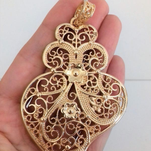 Pendentif filigrane or portugais 8,0 cm charme coeur fleur résultats fournitures, pendentif filgree, pendentif fligree, coeur de viana