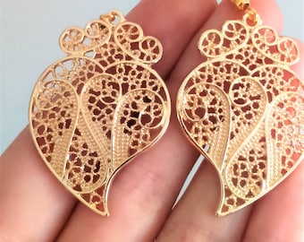 1 Pair of Portuguese filigree earrings gold 3.90 cm heart flower findings Viana Heart earrings, portuguese traditional jewellery, Portugal