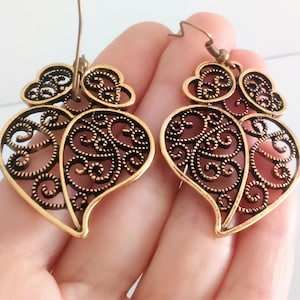 1 Pair of Portuguese filigree earrings bronze 4.0 cm heart flower findings Viana Heart earrings, portuguese traditional jewellery, Portugal